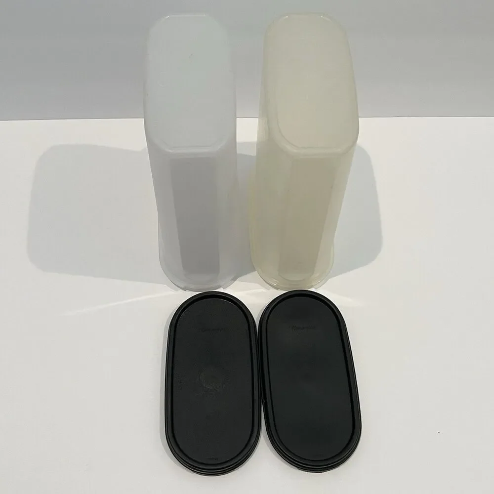 Tupperware Set of 2 Modular Mates Oval #4 Container Black Seal Lid Clear Labels